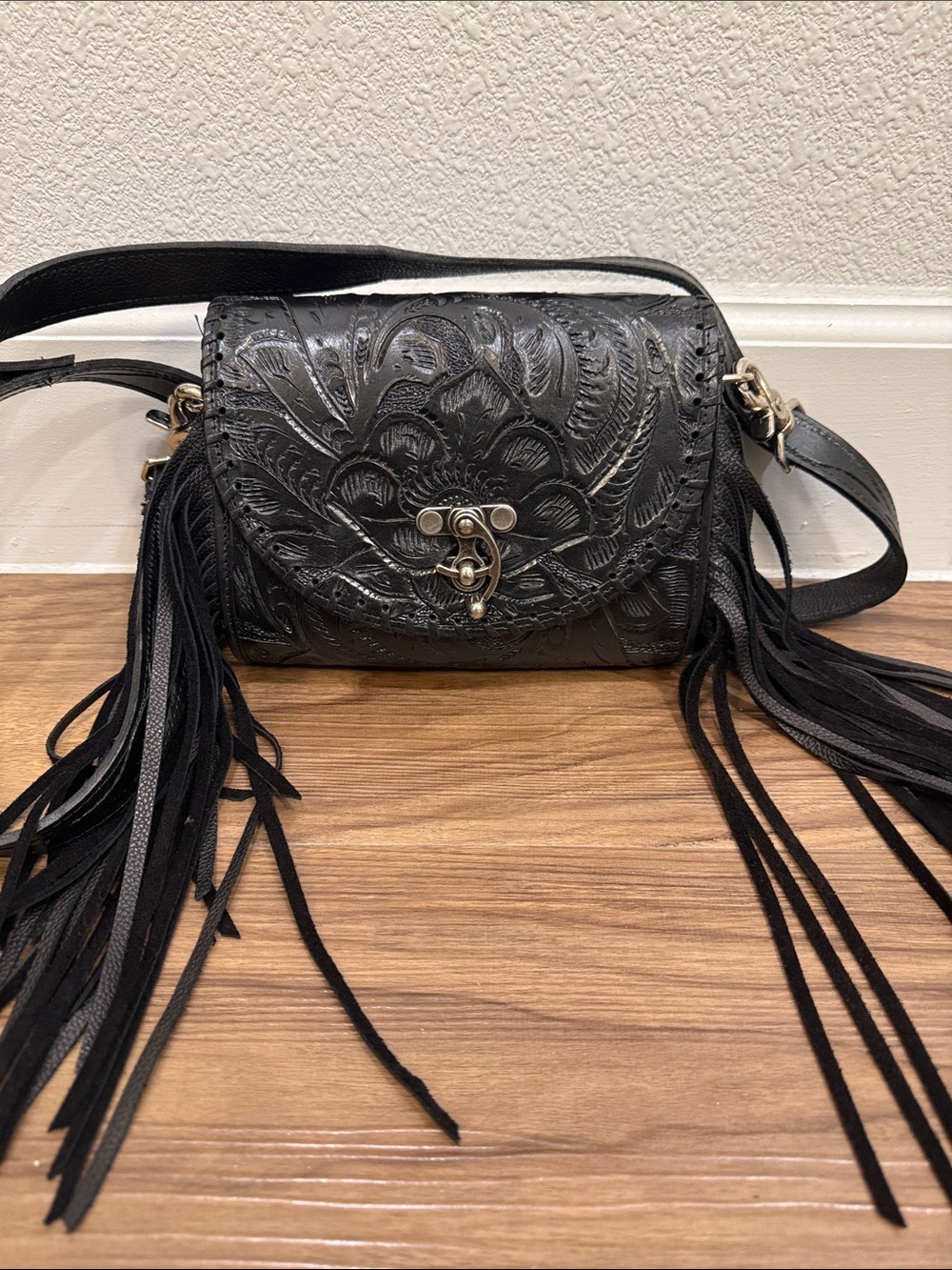 Black Tooled Leather Fringe Crossbody Bag